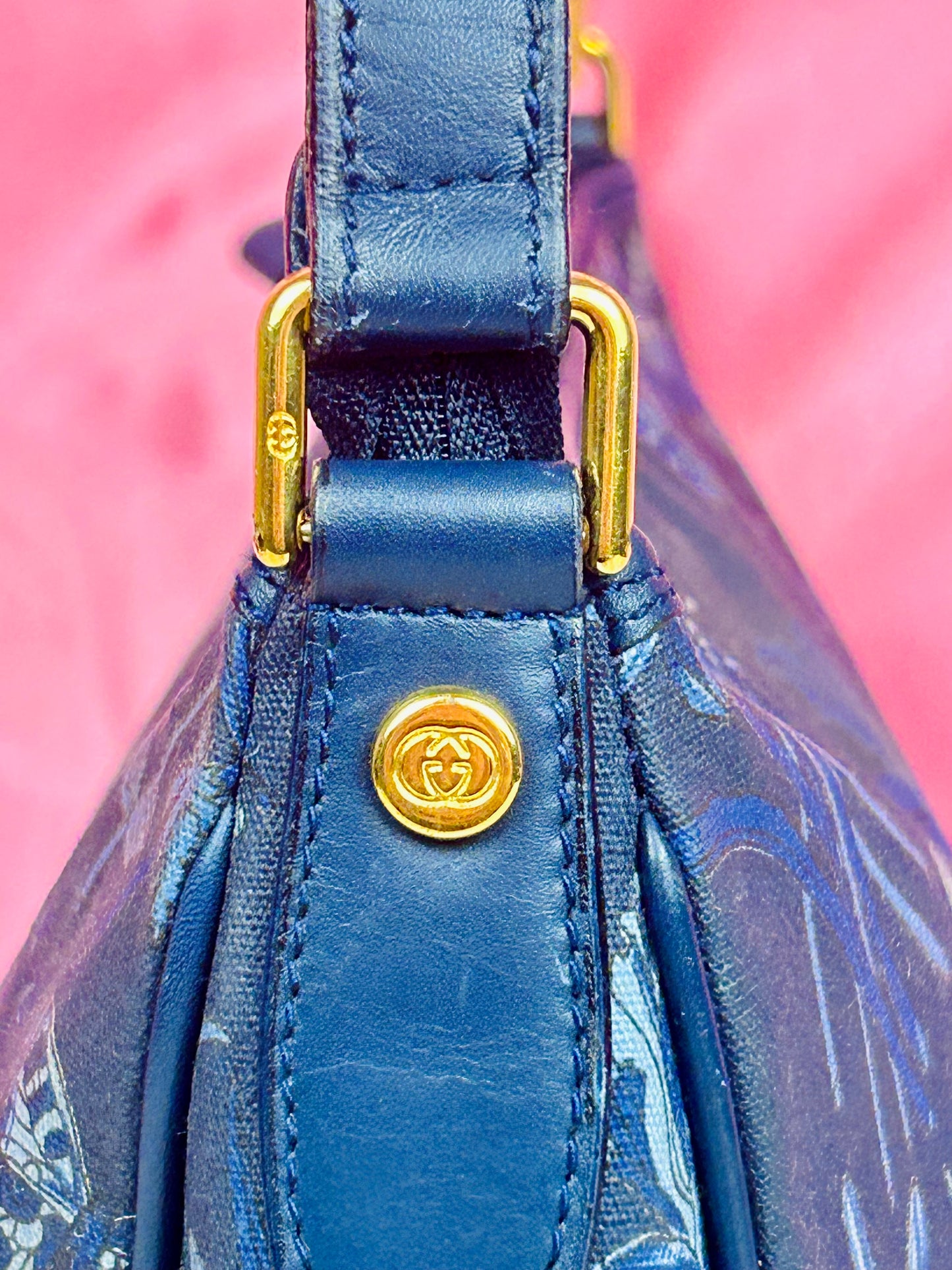 Gucci Navy Floral Bamboo Shoulder Bag