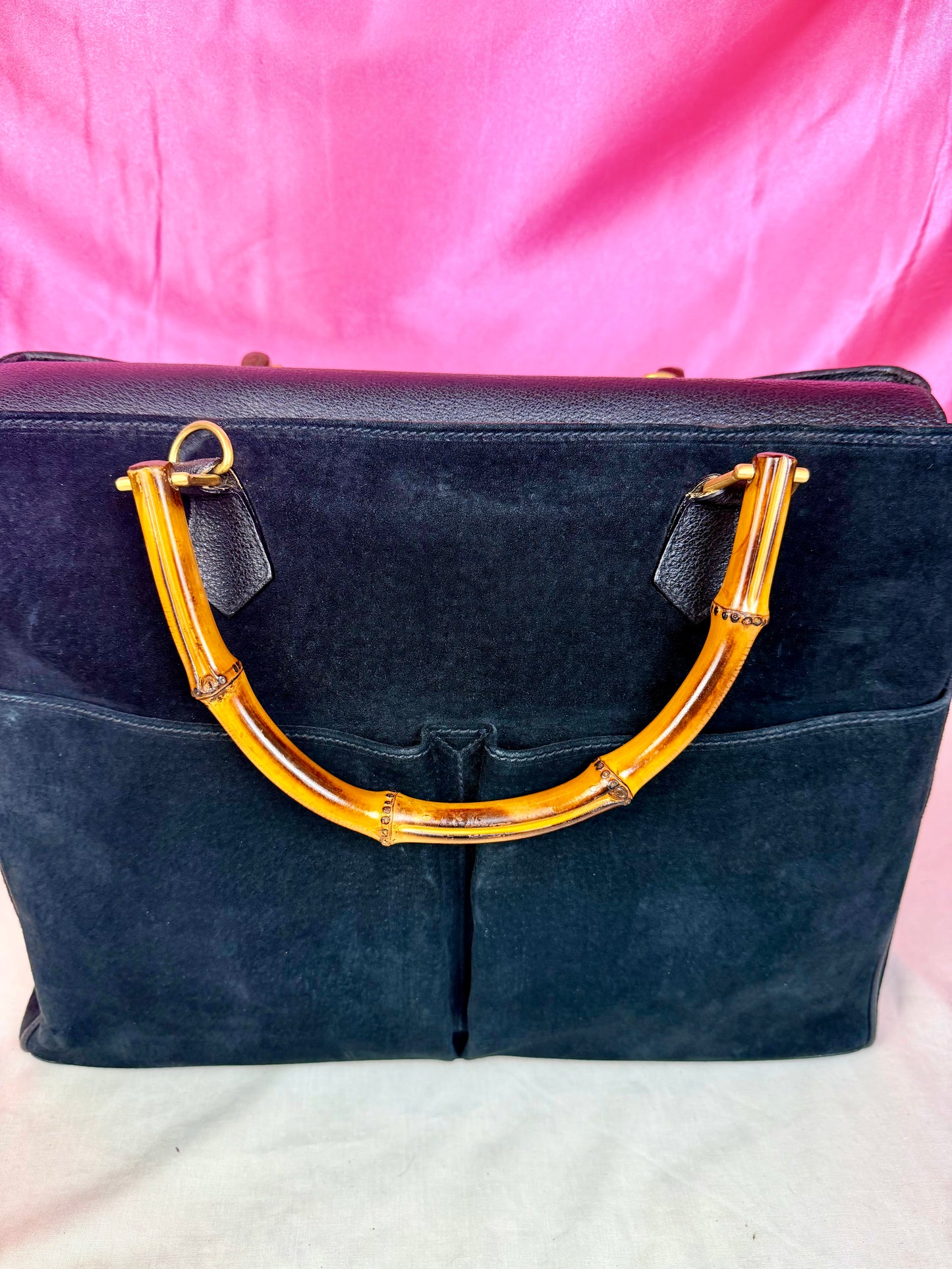 Gucci Black Suede Bamboo Tote