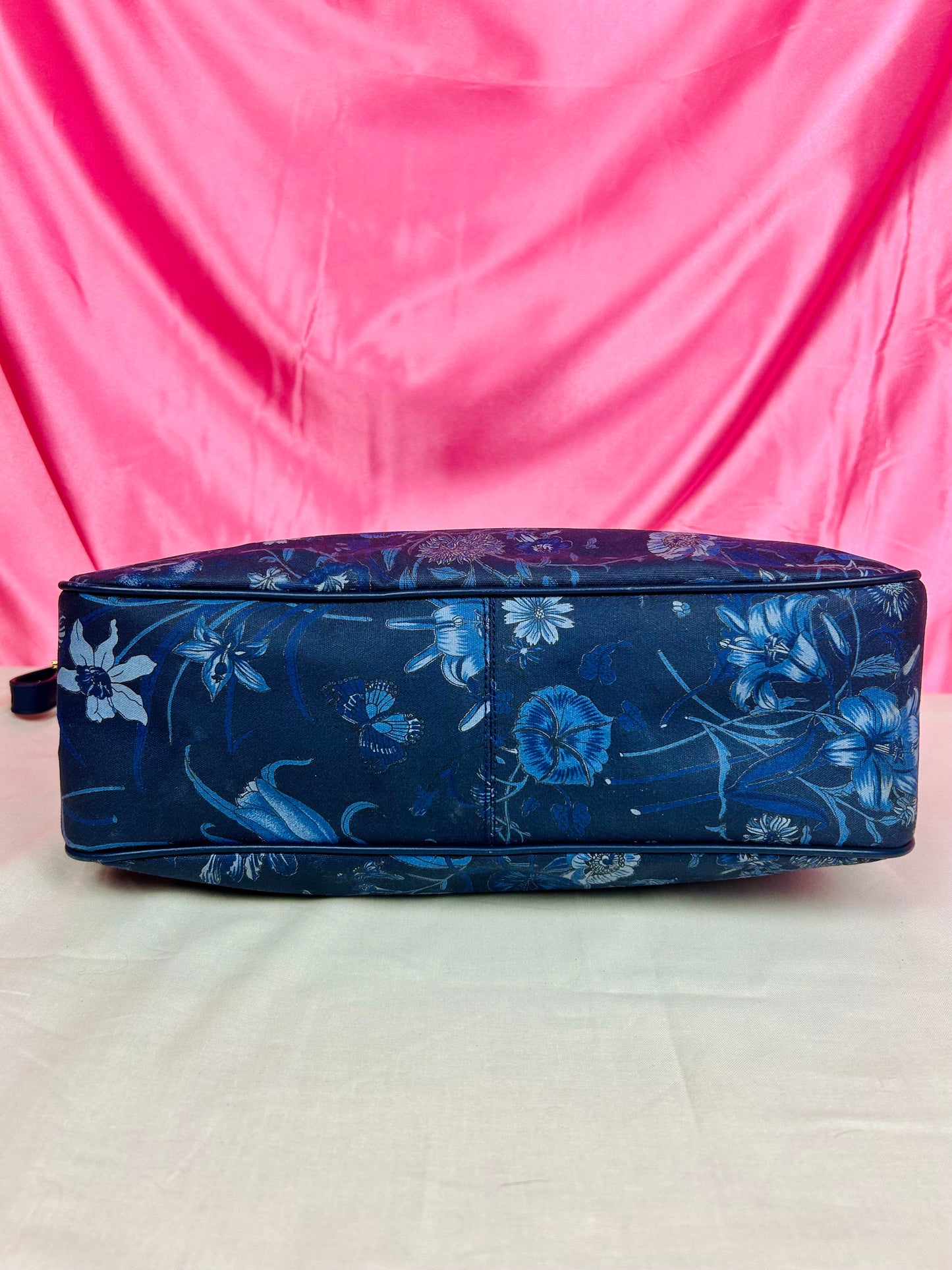 Gucci Navy Floral Bamboo Shoulder Bag