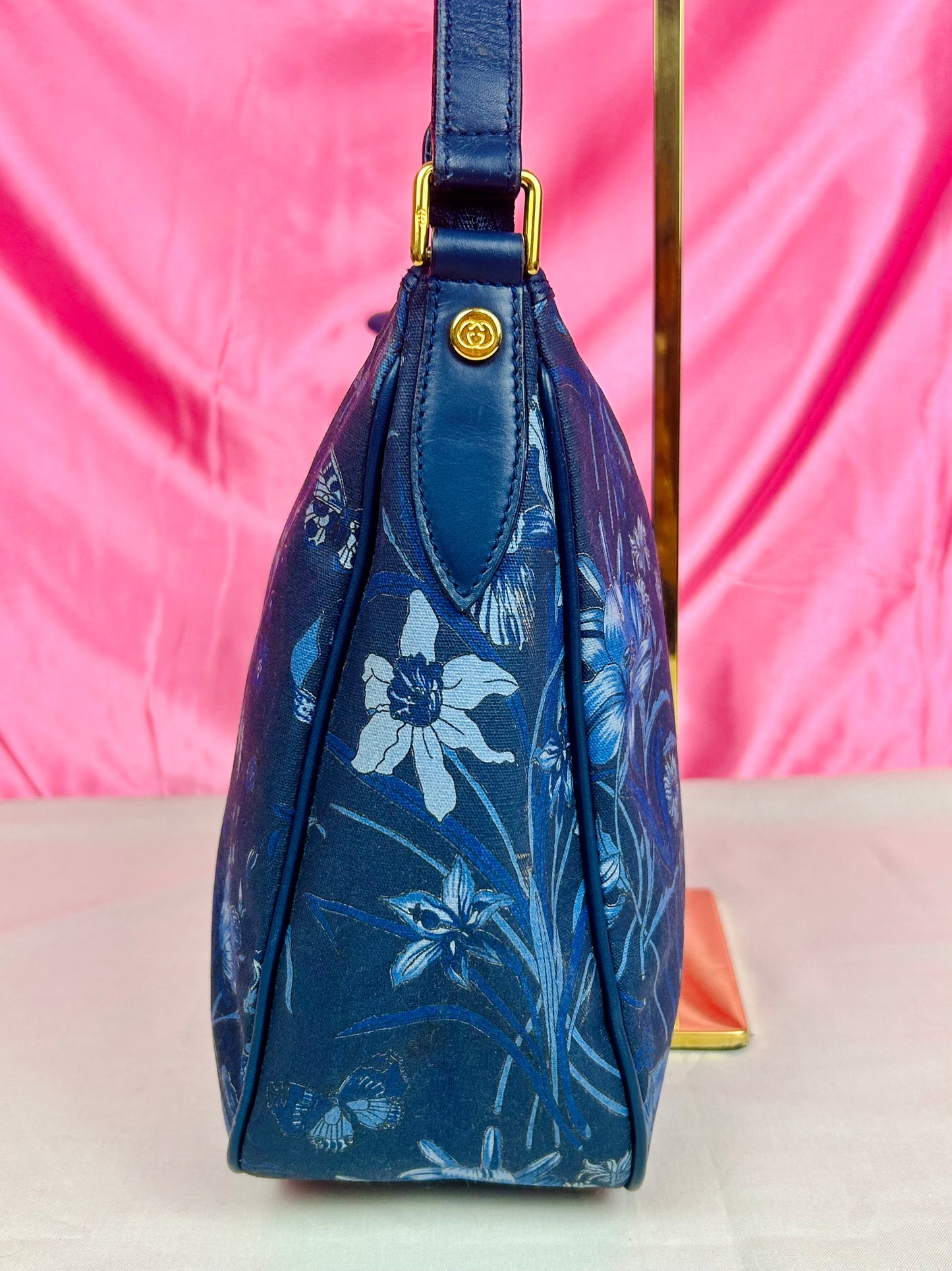 Gucci Navy Floral Bamboo Shoulder Bag