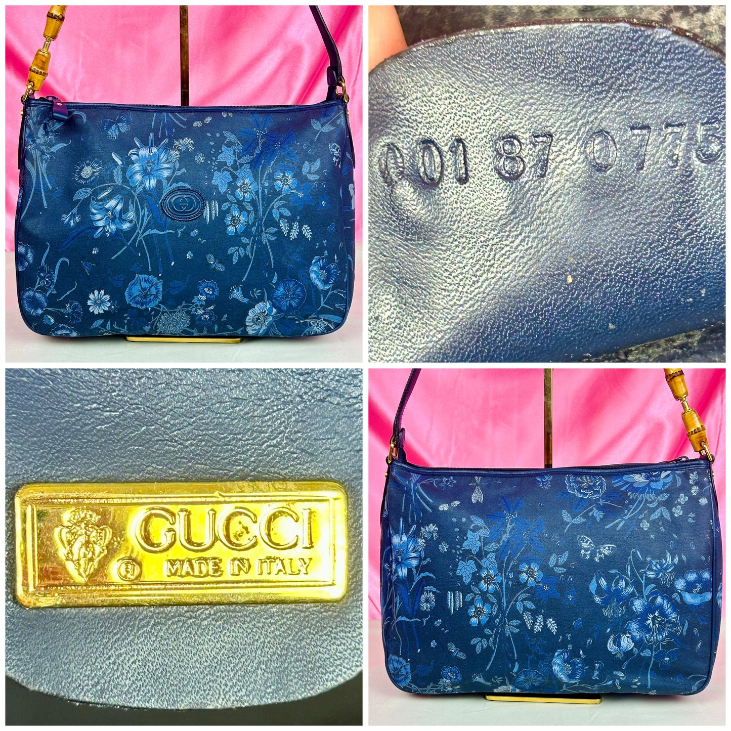 Gucci Navy Floral Bamboo Shoulder Bag