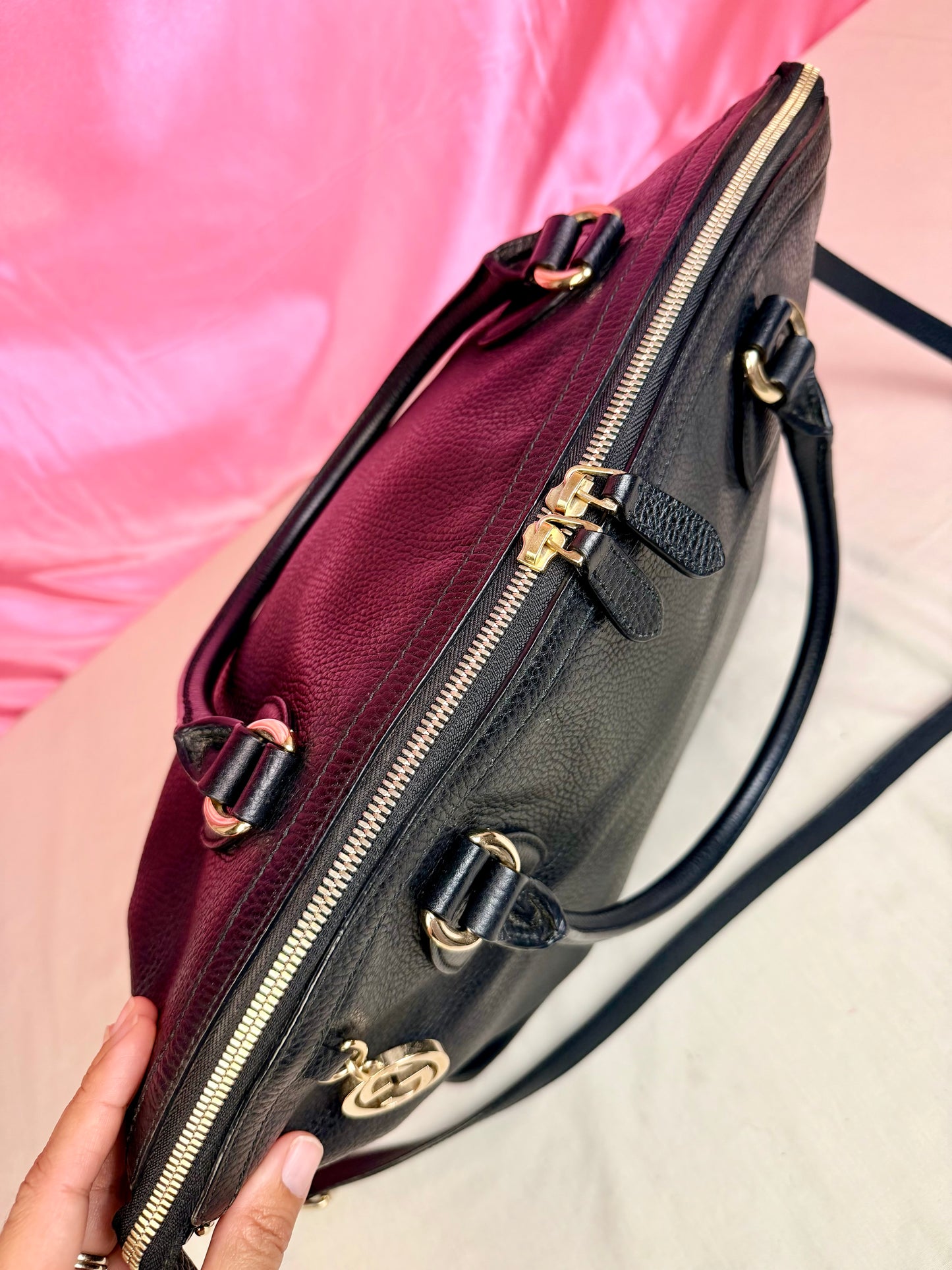 Black Gucci Dollar Calfskin Dome Satchel