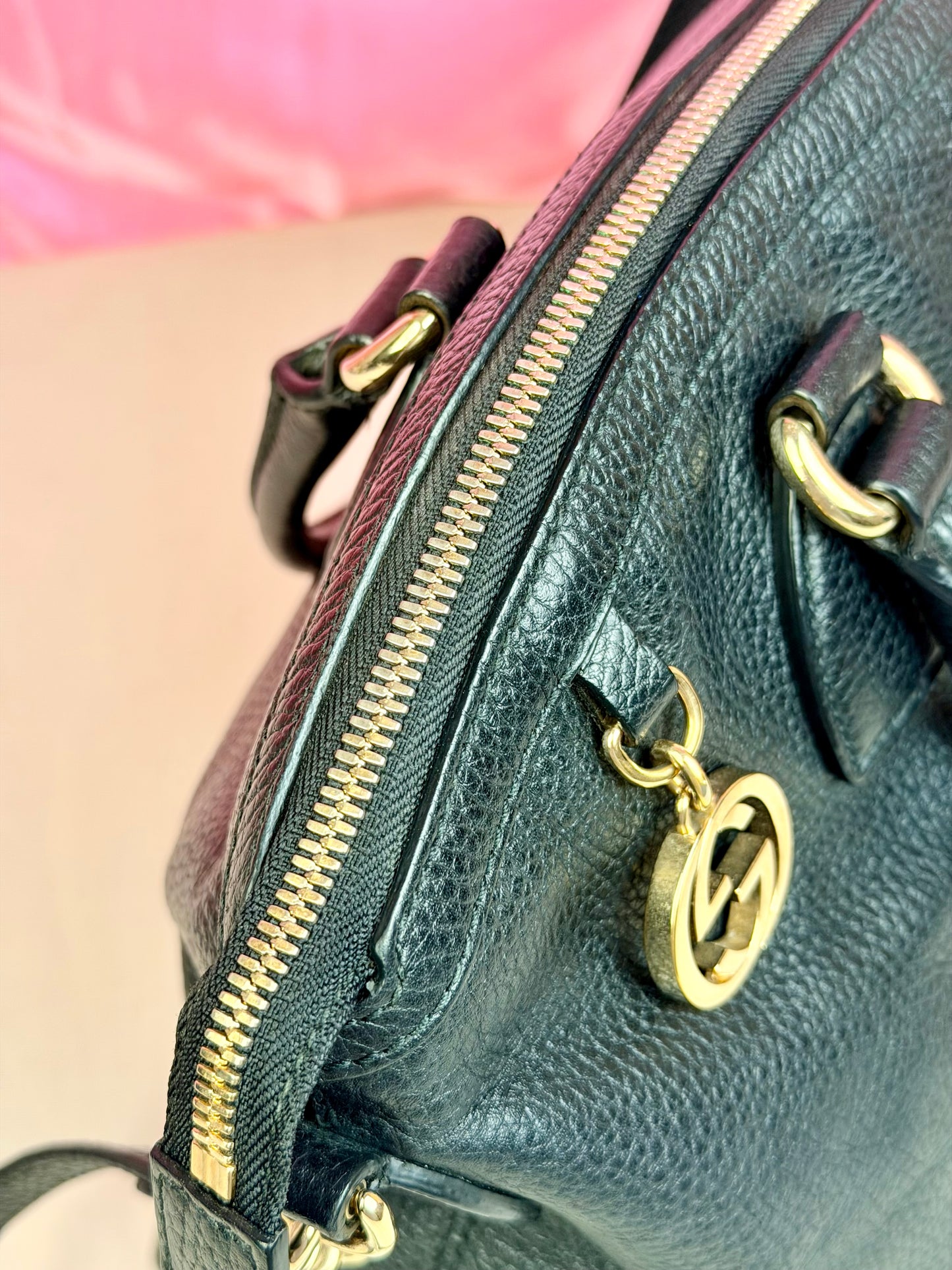 Black Gucci Dollar Calfskin Dome Satchel