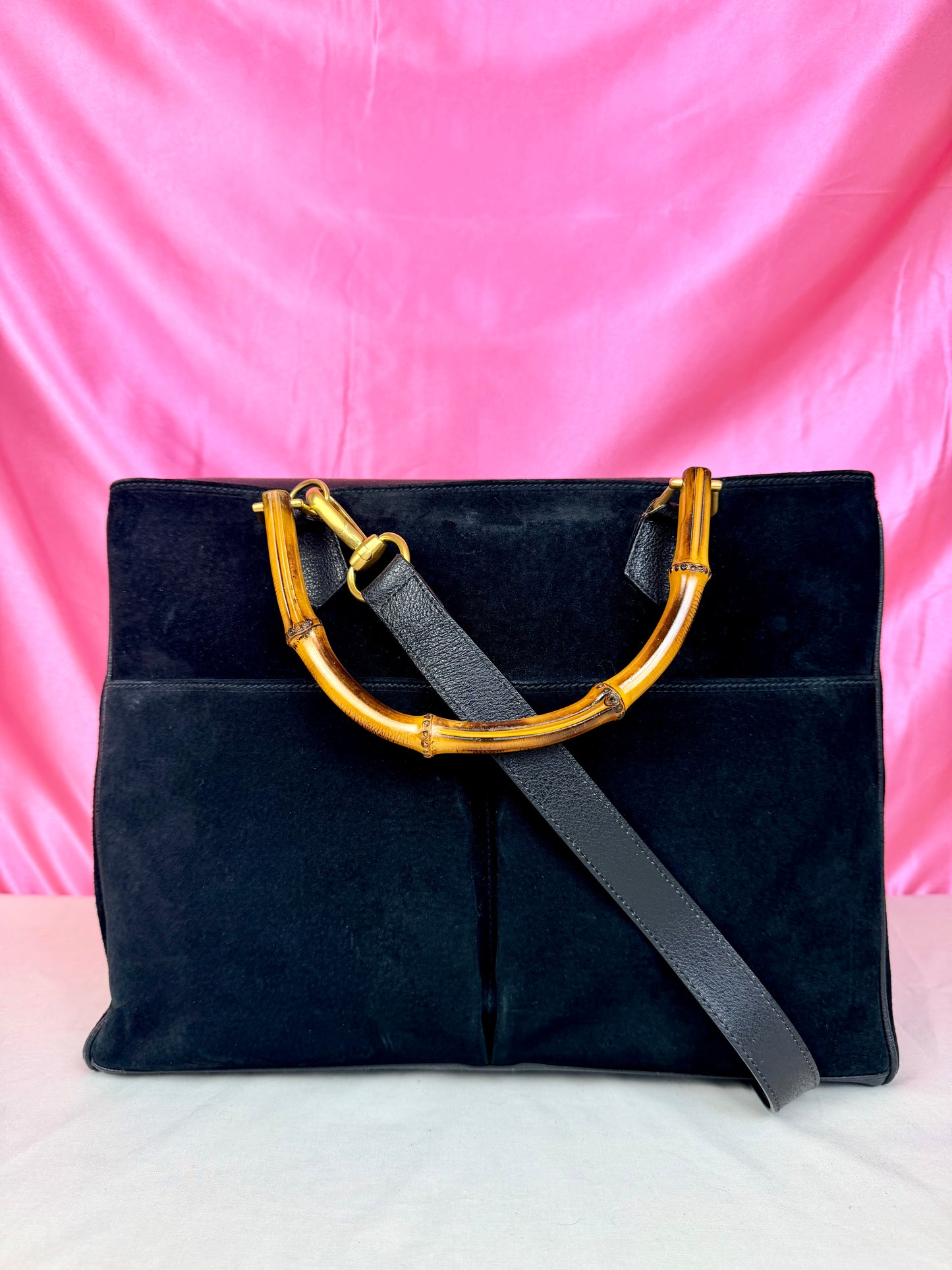 Gucci Black Suede Bamboo Tote