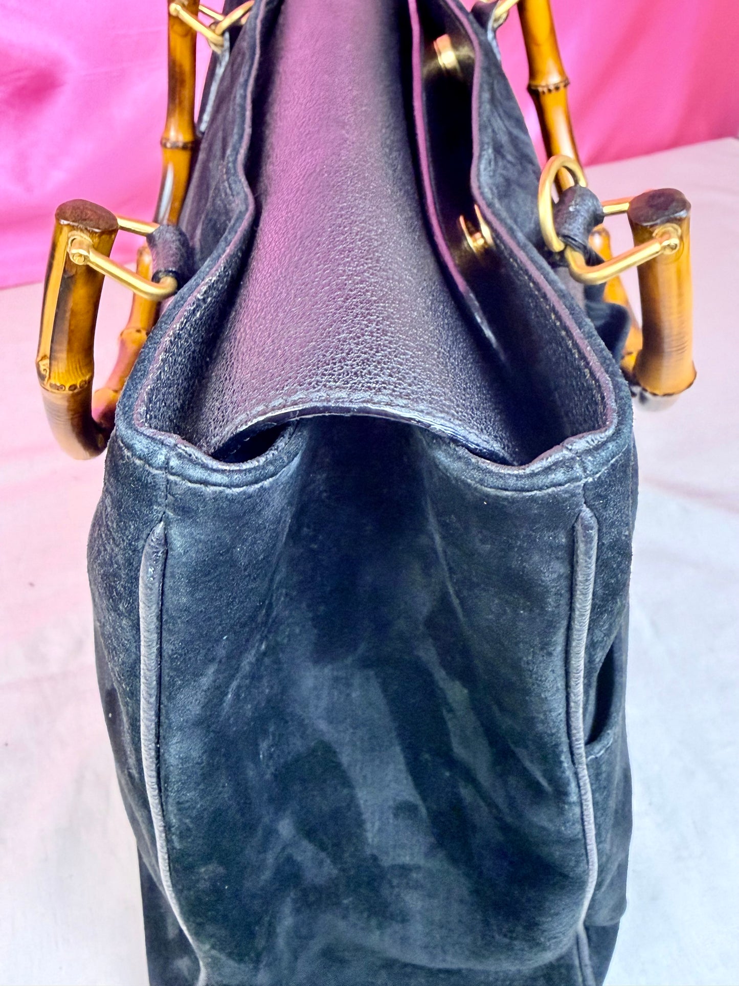 Gucci Black Suede Bamboo Tote
