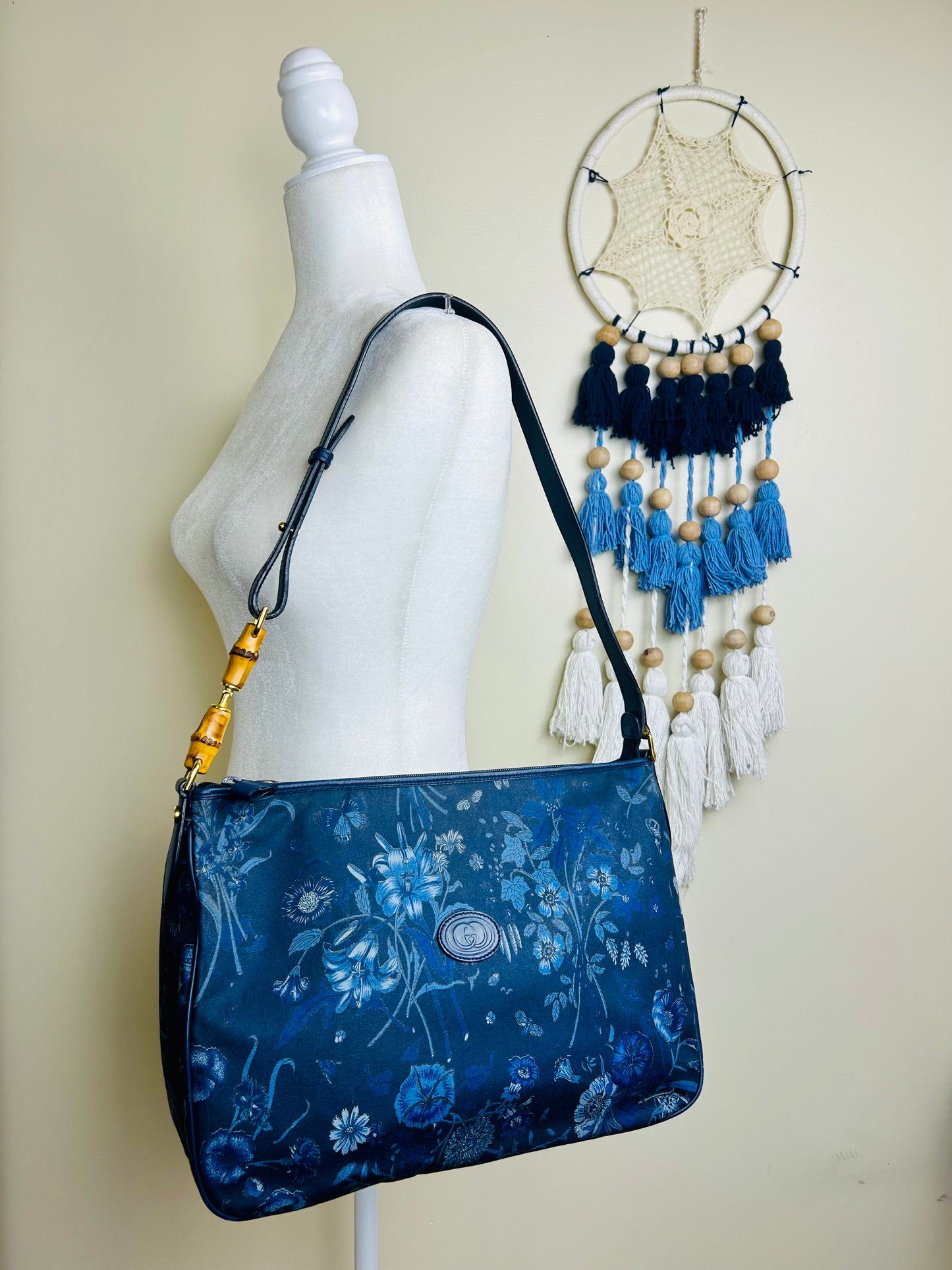 Gucci Navy Floral Bamboo Shoulder Bag