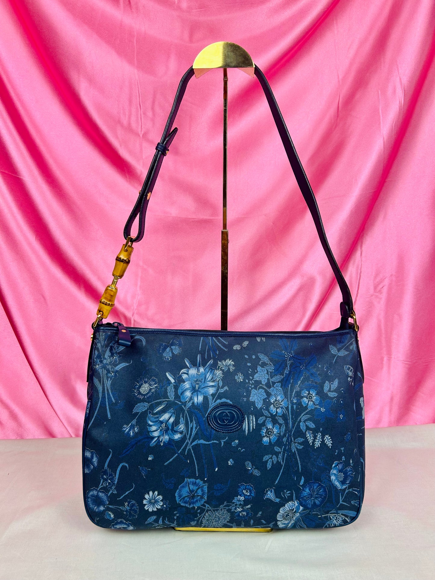 Gucci Navy Floral Bamboo Shoulder Bag