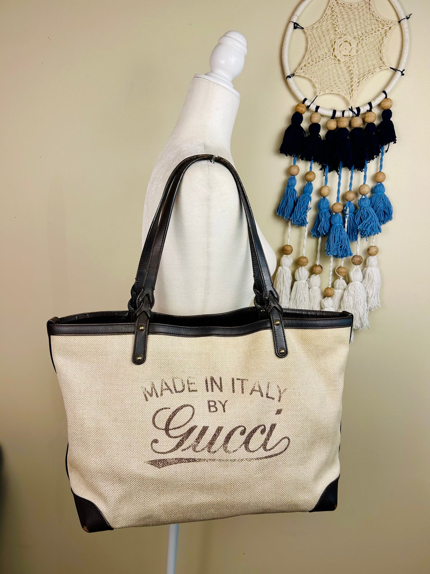 Brown and Linen Gucci Tote and Pouch