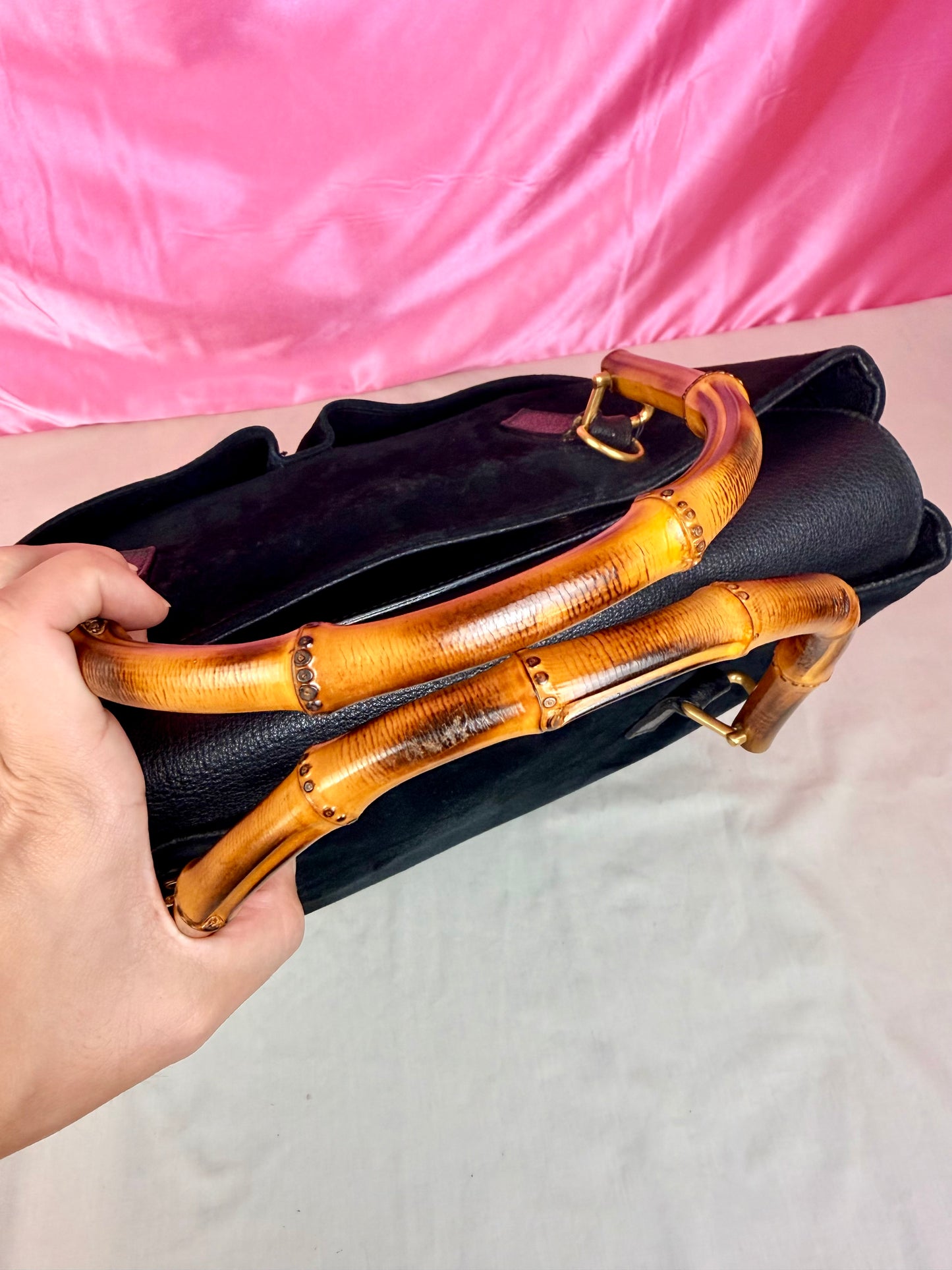 Gucci Black Suede Bamboo Tote