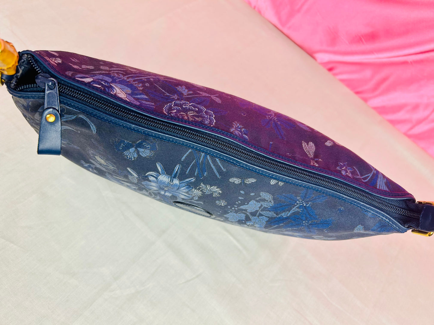Gucci Navy Floral Bamboo Shoulder Bag