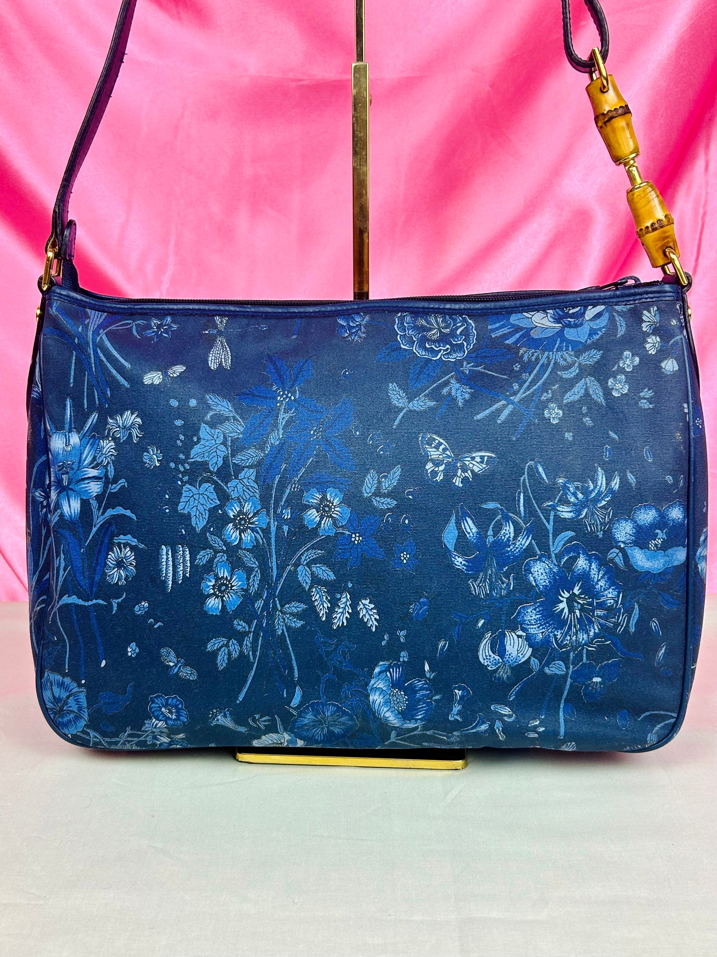Gucci Navy Floral Bamboo Shoulder Bag