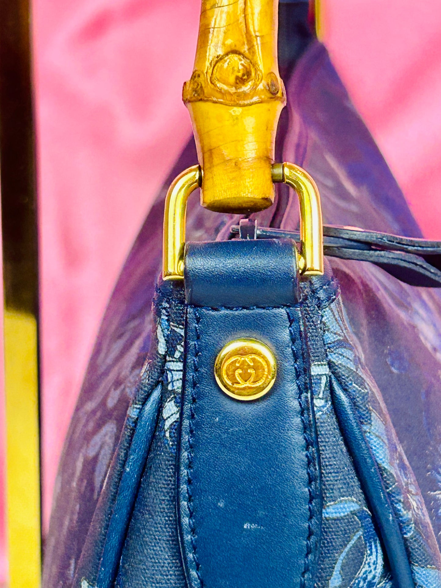Gucci Navy Floral Bamboo Shoulder Bag