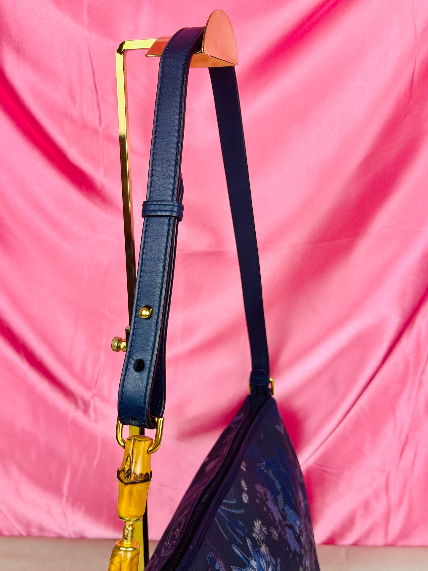 Gucci Navy Floral Bamboo Shoulder Bag