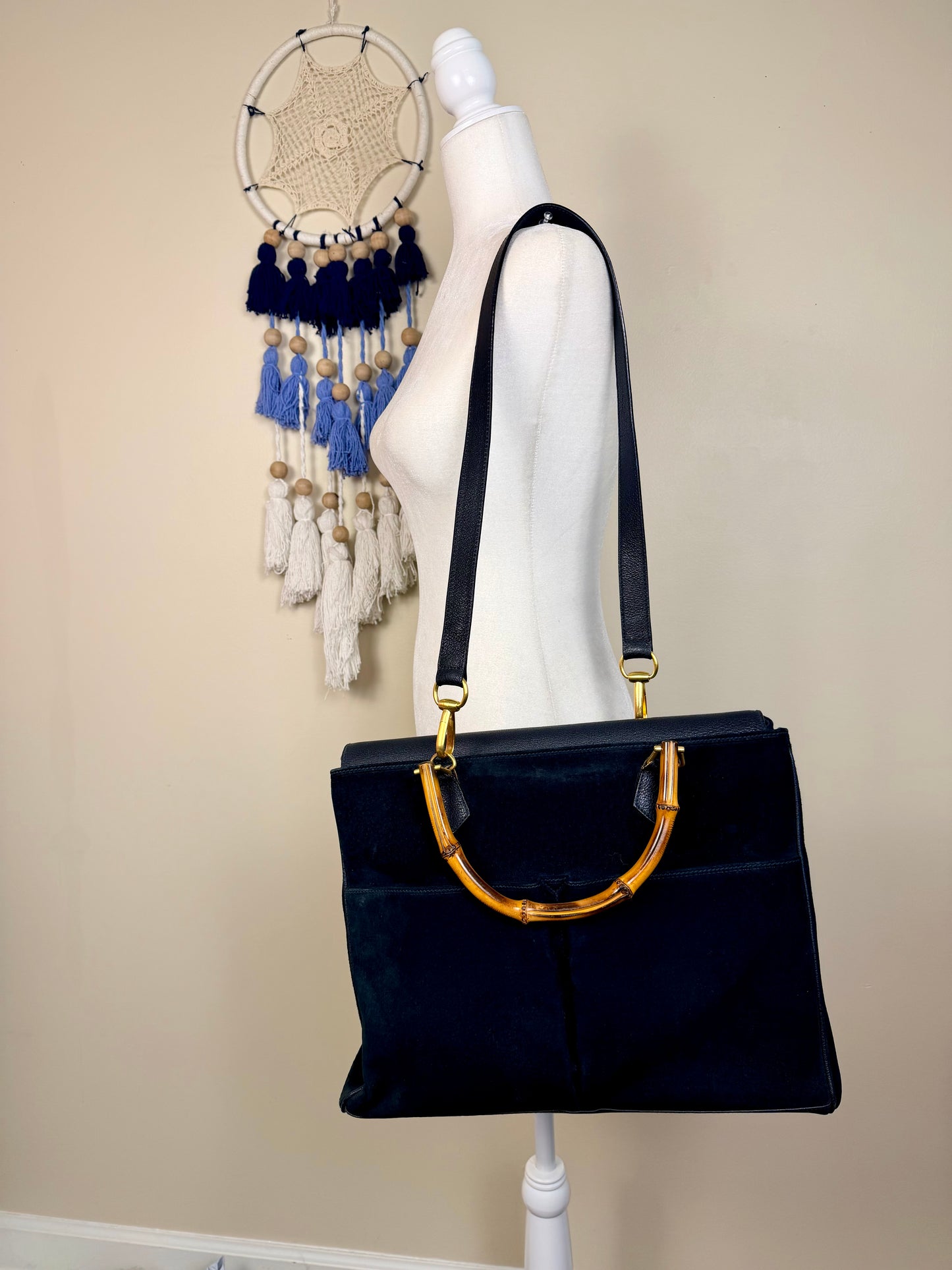 Gucci Black Suede Bamboo Tote