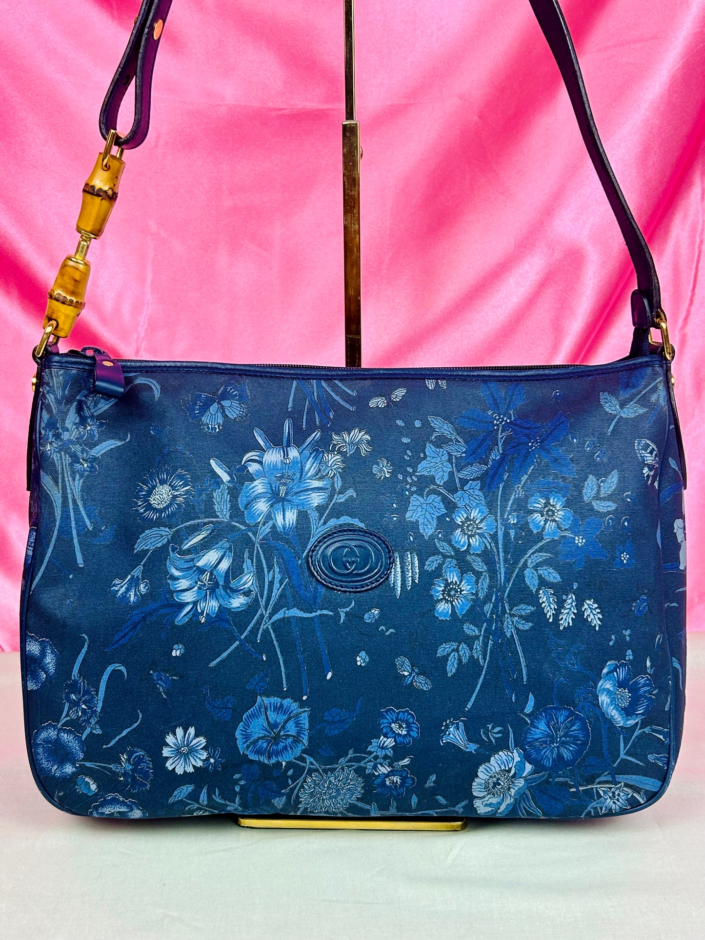 Gucci Navy Floral Bamboo Shoulder Bag