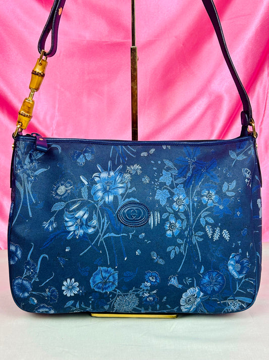 Gucci Navy Floral Bamboo Shoulder Bag