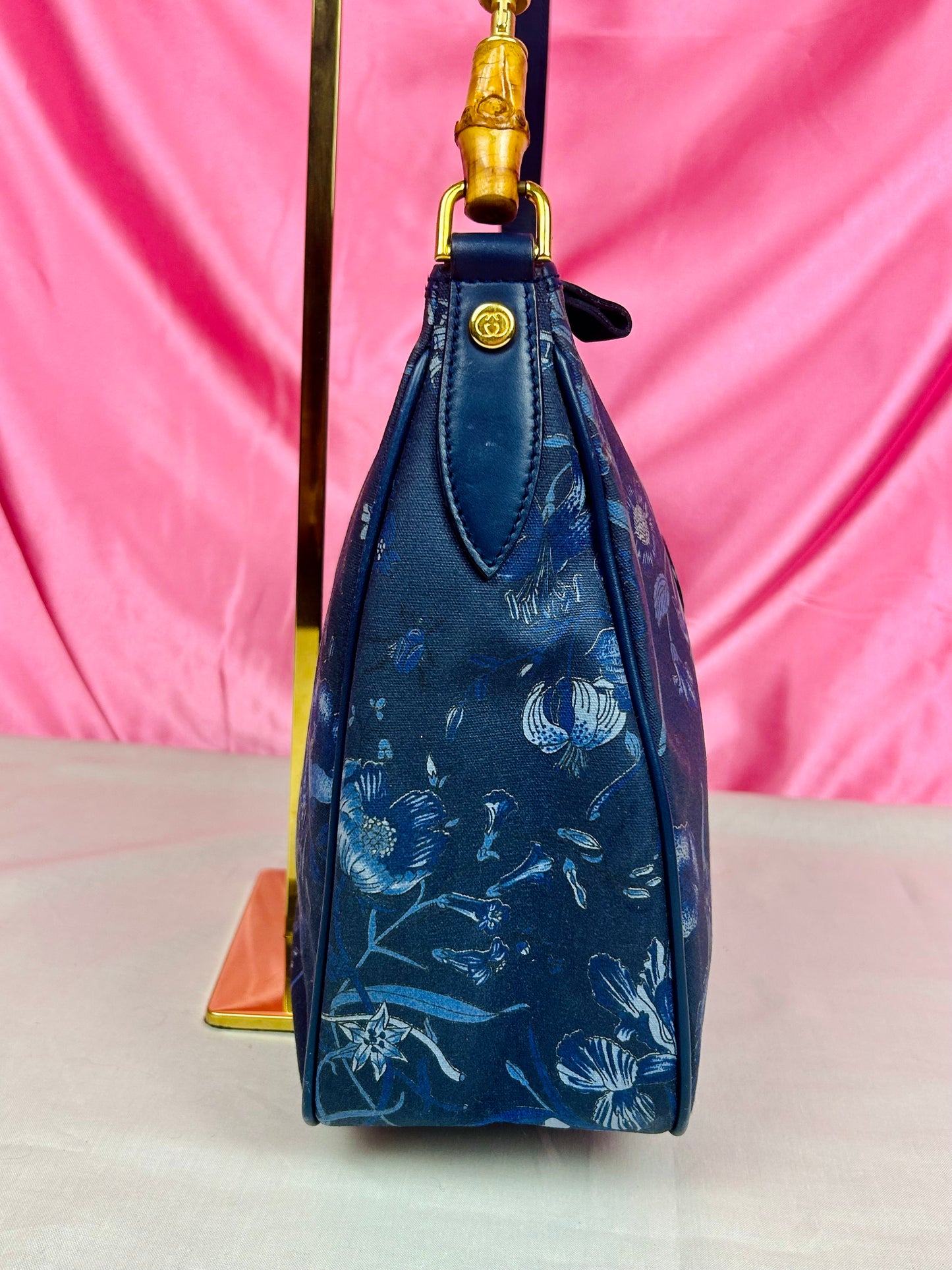 Gucci Navy Floral Bamboo Shoulder Bag