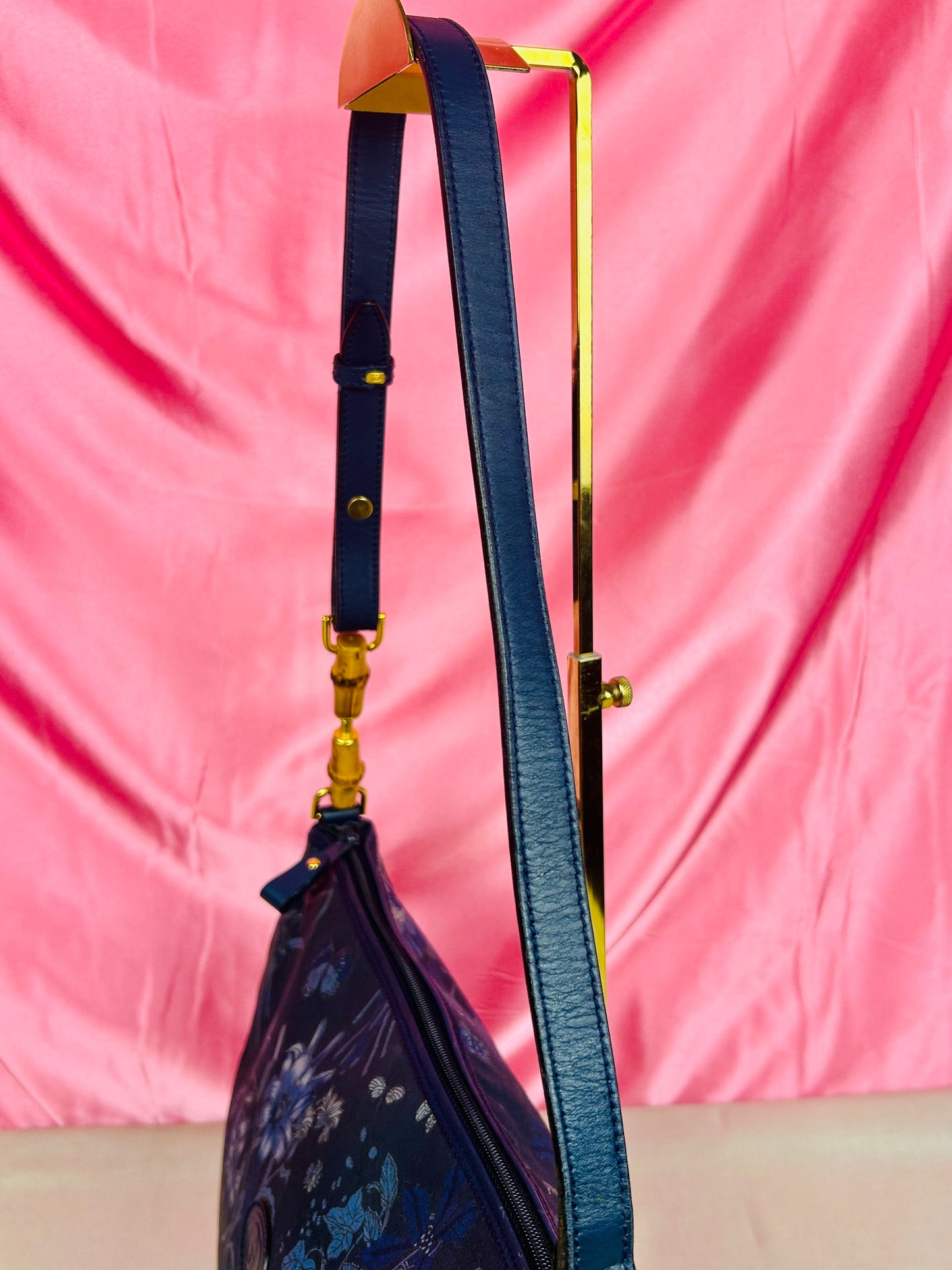 Gucci Navy Floral Bamboo Shoulder Bag