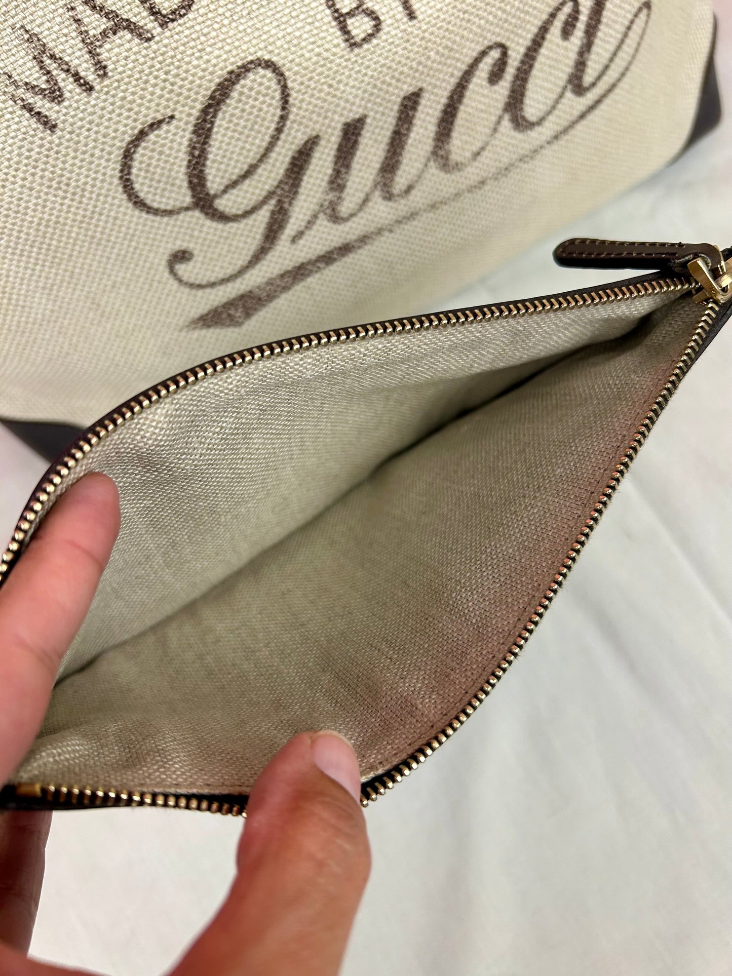 Brown and Linen Gucci Tote and Pouch
